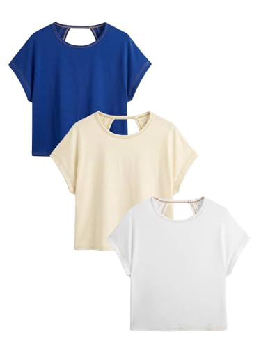 Image of RoseSeek Women's 3 Packs Open Back Tops T Shirt Criss Cross Cut Out Tee Short Sleeve Crewneck Summer Backless Tops