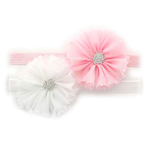 My Lello Baby Flower Headband Shabby Frayed Fabric Ballerina Rhinestones Pair (White/Light Pink)