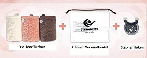 Foto von Colombiata® Haarturban mikrofaser | 3 Stück inkl. Zubehör | Turban Handtuch mit Knopf | haarhandtuch | Haar Turban Handtuch schnelltrocknend & weich (Weiß / Rosa / Braun)