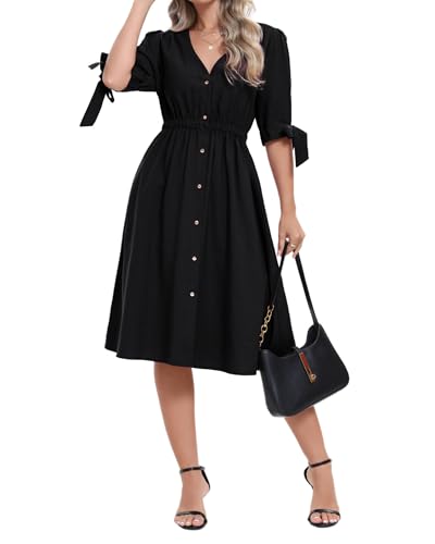 Image of Women Linen Rayon Blend Midi V Neck Button Front Elastic Waist Puff Sleeve Tie Casual Summer Dress