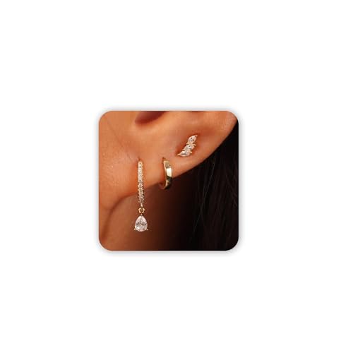 Image of Freekiss 3 Pairs Gold Hoop Earrings Set: Dainty Stud Earrings Trendy Small 14K Gold Plated Hypoallergenic Dangle Cartilage Huggie Hoop Earrings for Women Gold Jewelry for Women Gifts