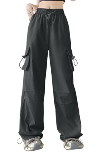 Image of AOWKULAE Little Girls Multi Pocket Casual Jogger Cargo Pants High Waist Loose Trousers, Gray, 11-12 Years = Tag 150