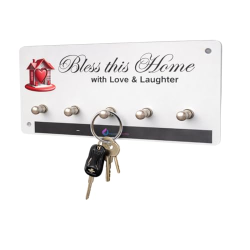 Image of Rainbow Dots Modern Acrylic Key Holder for Wall | Milky White Designer Key Stand with 5 Stainless Steel Hooks | inchBless This Home with Love & Laughter inch | Hole-Free 3M Tape Mount | Water & Rust Proof