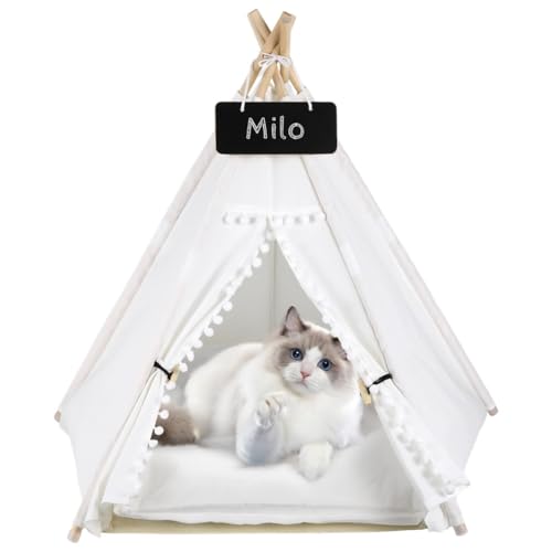 Cozy Pet Tipi Tienda de campaña para gatos, perros pequeños y conejos, cama interior lavable con cojín grueso, casa portátil para mascotas con pizarra