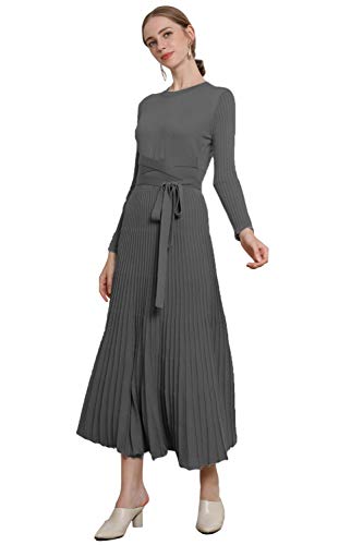 Image of Women's Long Knit Crewneck Sweater Dress Tie Waist A-Line Swing Pleated Bodycon