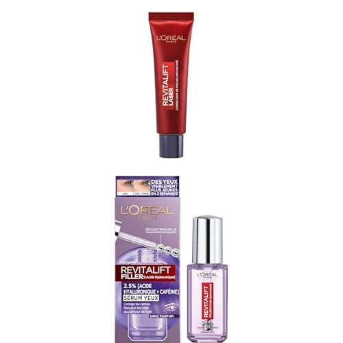 L'Oréal Paris Routine Yeux Jour & Nuit : Soin Correcteur Poches Instantané (15ml) pour le Matin + Sérum Anti-Rides Repulpant (20ml) pour le Soir – Effet Lift Immédiat et Traitement Hydratant Prof