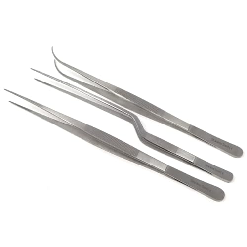 3Pcs Scientific Lab Forceps Precision Toolkit Stainless Steel General Purpose Tweezers with Straight + Offset Handles Micro Serrated Tips - Essential Set for Laboratory & DIY Applications (10 Inch)