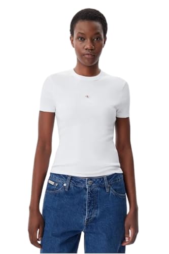 Calvin Klein Women’s Short Sleeve Woven Label Slim Fit Rib T-Shirt, White (Brilliant White), L