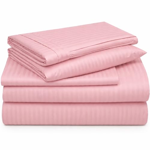 Image of NAVIKA 3 PCs Bedsheet - Pink King Size Bed Sheet Set- Cotton Linen 300 Thread Count Flat Sheet Set- Durable, Breathable, Luxury Feel, Hotel Style