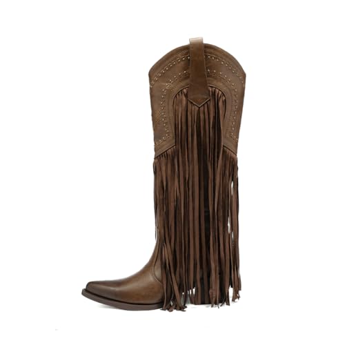 Tsrenlmln Western Bootsfor women Fashion Pointed ToeChunky Heel EmbroideredPull-On Knee High Fringe2