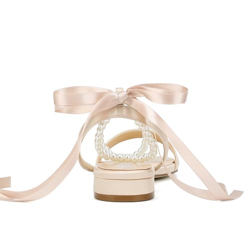 Image of Satin Wedding Flats for Bride Pearl Sandals Open Toe Bridal Shoes Flat Wedding Shoes for Bride
