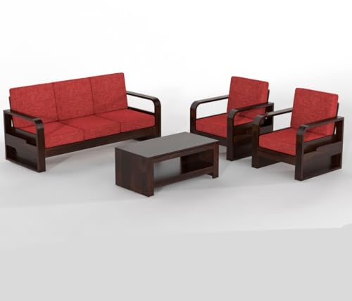 Image of Solid Sheesham Wooden 5 Seater Sofa Set for Living Room | Sofa Set with Side Pocket Storage & Cushion | Rosewood Sofa Set for Home (Walnut with Red Cushion, 5 Seater)