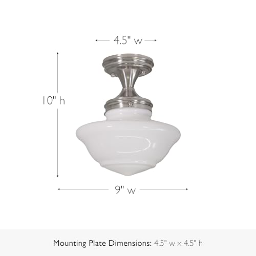 Image of Design House Vintage-Inspired Schoolhouse Semi-Flush Mount Ceiling Light, 9 in x 9 in x 10 in, Satin Nickel, White Glass Shade, 577494