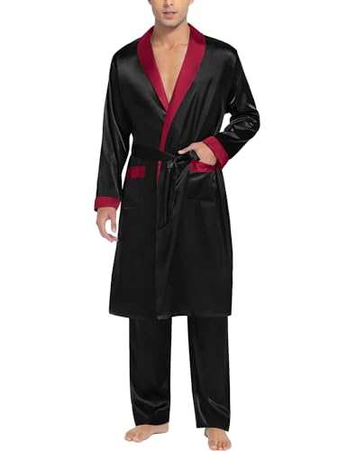SWOMOG Men's Satin Robe with Pants Set Silky Kimono Bathrobe Lightweight Soft Sleepwear Loungewear2