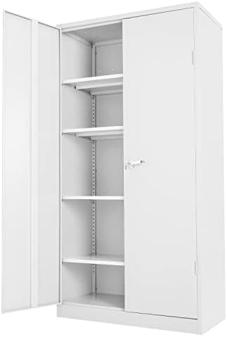 Greenvelly Metal Storage Cabinet, 72x36x18 White Locking Cabinet with Doors and 4 Shelves, Large Tall Lockable Office Cabinet with Lock and 2 Keys Steel Cabinet for Home, Laundry Room