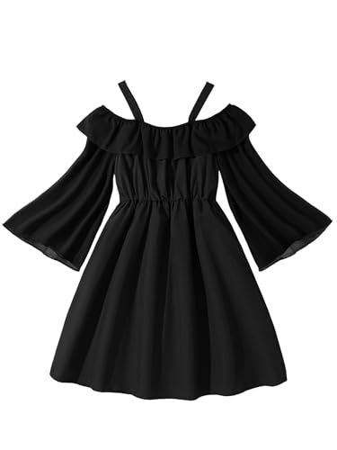 Girls' Summer Dress Cold Shoulder Ruffle Trim Flare Sleeve A Line Midi Dresses