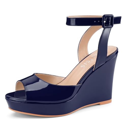 Image of Women's Dressy Platform Wedge Sandals Gold Wedges Peep Toe Patent High Heels Slingback Heeled Comfortable Ankle Strap Shoes