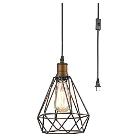 YUBOLE Industrial Farmhouse Plug in Pendant Light with On/Off Switch Wire Caged Hanging Pendant Lighting 16ft Cord Cover