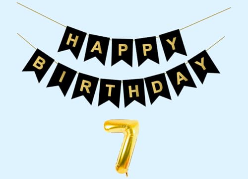 Image of Mystic Toy Store 7th Happy Birthday Decoration Kit Black for 7 year Old Boys Girls Kids Twins with Number SevenParty Decorations Decor Celebration Items Item Set Combo Reusable Paper Banner