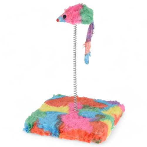 MIJOMA Topolino colorato a spirale – Promuove l'attività e l'istinto di caccia del vostro gatto, giocattolo per gatti con base in legno e peluche, molla a spirale da 20 cm, 15 x 15 cm (colori