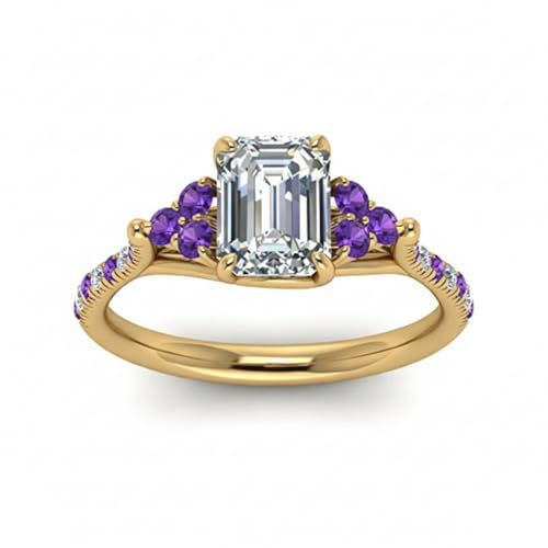 Image of Choose Your Gemstone Emerald Cut Petite Cathedral Diamond CZ Ring Yellow Gold Plated Emerald Shape Petite Engagement Rings for Women, Girls and Ladies US Size 4 to 12