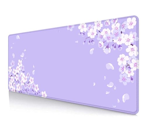 Image of IMAYONDIA Sakura Japanese Desk Mat, Cherry Blossom Large Gaming Mouse Pad, Elegant Floral Mousepad for Women, Purple Flowers Aesthetic Desk Pad for Work Decor, Game, Office, 31.5x11.8