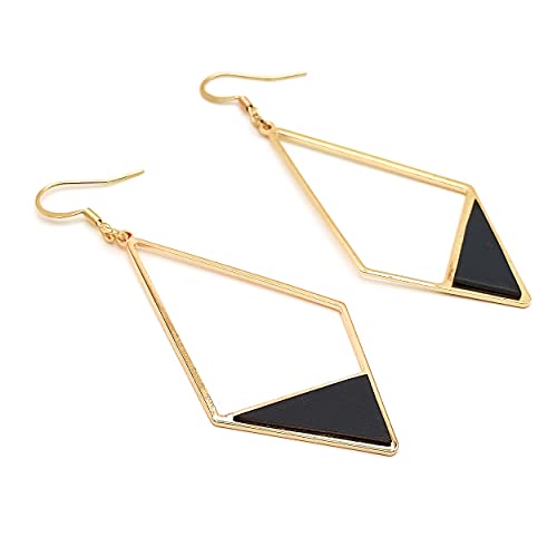 Boucles d'oreilles losange plaqué or et noir de 7cm