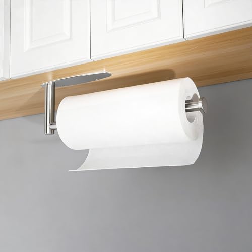 Image of Single Hand Operable Paper Towel Holder Under Cabinet with Damping Effect, Self Adhesive Paper Towel Roll Holder Wall Mounted for Kitchen Bathroom, SUS304 Stainless Steel Brushed Nickel