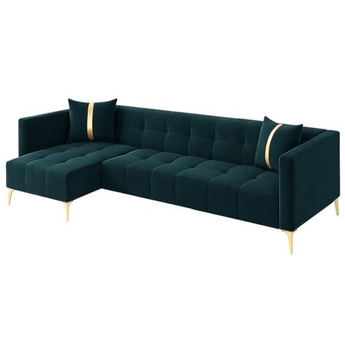 Image of FURNY Styliving 6 Seater Fabric LHS L Shape Sofa Set (Greenish Teal) with Golden Finish Legs | Durable & Comfortable | Ideal for Living Room