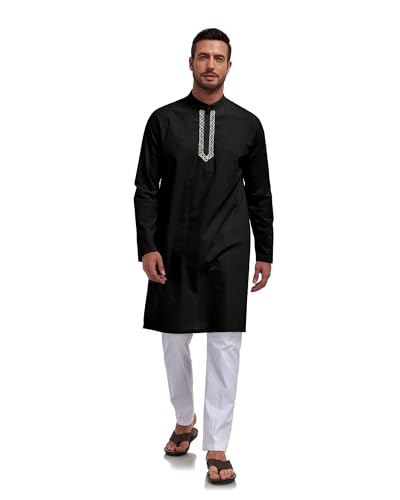 Jacansi Mens Kaftan Thobe Button Down Casual Cotton Long Sleeve Robe Linen Muslim Gown Kurta Caftan with Pocket