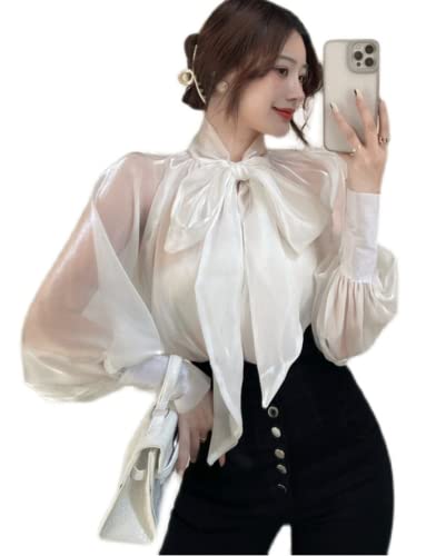 [Patypeety] シースルー トップス ブラウス レディース 長袖 春秋 ボウタイブラウス シアー ハイネック シアートップス バルーン袖 ボリューム袖 白 黒 春 秋 リボン シアーシャツ 肌見せ セクシー カジュアル 韓国 ファッション (オフホワイト)のサムネイル