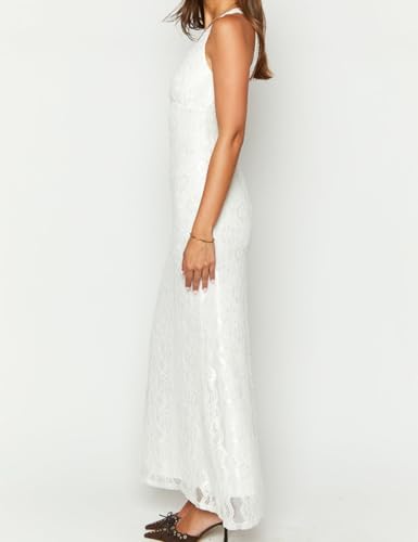 Image of Elegant Lace Floral V Neck Backless Bodycon Dresses for Women Sexy Cut Out Low Back Sleeveless Maxi Dress Wedding Guest
