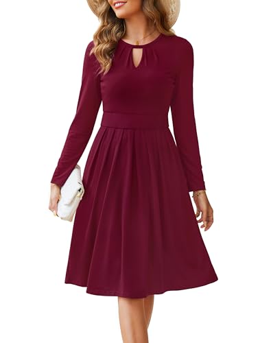 Annebouti Womens 2025 Fall Long Sleeve Keyhole Neckline A-Line Pleated Casual Semi-Formal Midi Dress with Pockets