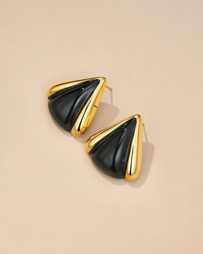 18K gold plated Black Chunky Enamel Textured Ribbed Vintage Triangle Stud Irregular Statement Earrings for Women by SNGIA, Bold Geometric Handmade Charm Trendy Bohemian Beachy Button Jewelry Gifts, Unique Baroque Summer Beach Fashion Earrings Accessories, Nickle Free Huggies Earrings.4