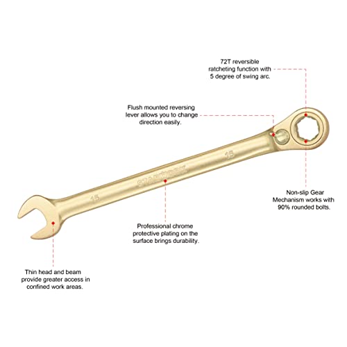 STARWORK 6-Point Metric 15° Offset GPlating™ Reversible Non-Slip Long Pattern Ratcheting Combination Wrench 15mm - Image 2