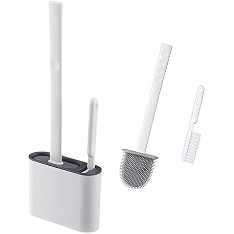Toilet Brush With Holder Set Silicone Brushes Heads Antibacterial Anti-Rust Quick-Drying Easy To Clean (White) Cover