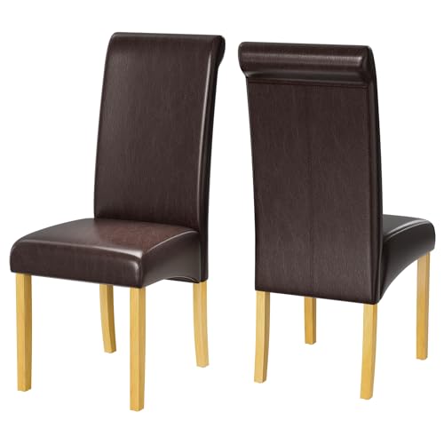 1home Faux Leather Dining Chairs with Solid Wooden Legs, Padded Seat and Curved Backrest, Easy to Clean Waterproof Chairs, Set of 2, Ideal for Kitchen, Living Room, and Study, Brown