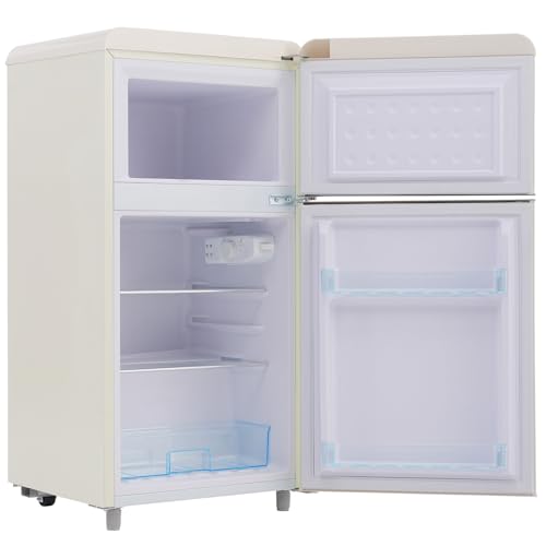 Mini refrigerador compacto de 72 L con congelador, puerta doble retro, 7 niveles de temperatura ajustables y estantes extraíbles para dormitorios, oficinas y dormitorios.,White