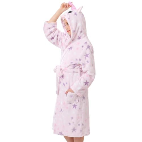 Image of V.&GRIN Girls Fleece Hooded Robe, Soft Unicorn Bathrobe for Kids 5-14 Years