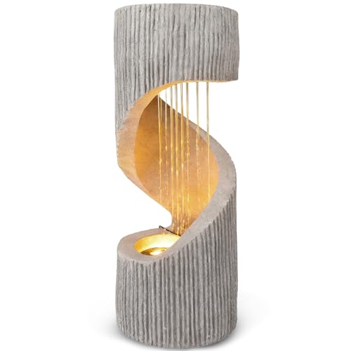 40 Outdoor Water Fountain with LED Light S-Shaped Modern Curved Outdoor Fountain Spiral Column Fountain Decorative Waterfall Feature with Flat Top Plant Display for Garden Patio Decor