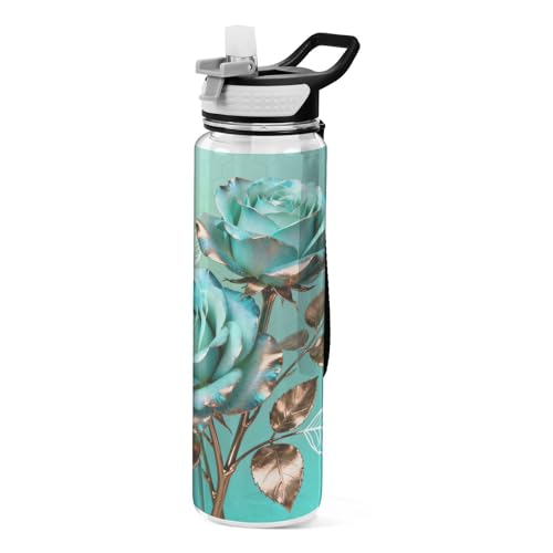 Loancwa Sports Water Bottle with Straw, Rose Pattern, 32oz Tritan, Leak Proof Flip Top Lid with Handle and Carrying Strap