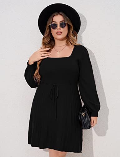 Image of Women's Plus Size Casual Sweater Dress Square Neck Long Lantern Sleeve Tie Waist Loose Pullover Sweater Dresses