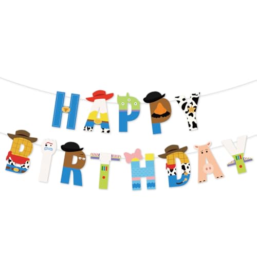 Cartoon Toy Birthday Banner And Garland - Decorative Items For Cartoon Story Party - Theme: Cowboys And Space Heroes - Reusable Party Banner - Indoor And Outdoor Decoration Items