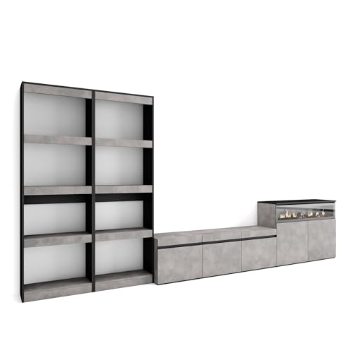 Mobile Soggiorno TV Parete Attrezzata 370x186x35cm Per TV fino a 65 Camino elettrico Stile moderno Cemento