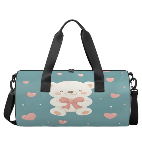 Cute White Bear Round Barrel Sports Fitness Bag, Travel Luggage Bag, Reusable Handbag, Suitable For Men and Women2