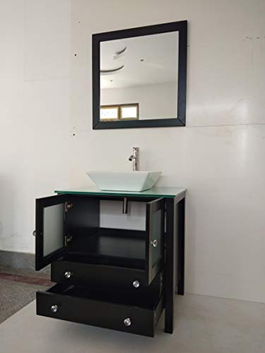 Qierao 30 Inch Freestanding Wooden Modern Bathroom Vanity Ceramic Sink Vessel Set Bathroom Mirror Included (30 Inch, Black) #TOP5