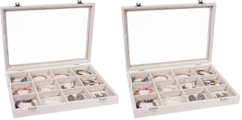 Stratalife Jewelry Organizer Bracelet Organizer Storage Box 12 Grid Stackable Jewelry Tray with Lid Velvet Jewelry Box for Drawer Necklace Bracelet Display Storage Organizer Box (Beige) (Pack of 2)