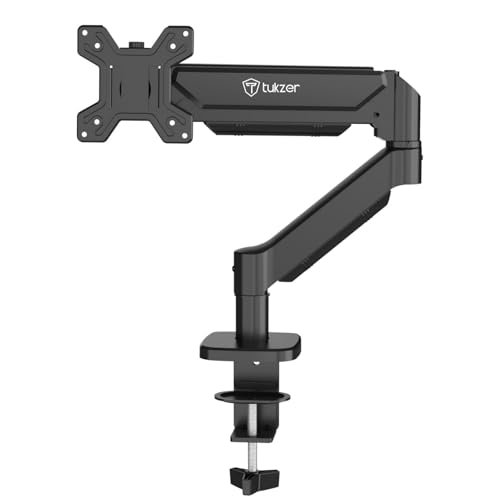 Image of Tukzer Single Gas Spring Monitor Arm, Computer Screen Monitors Stand /Desk Mount (13 inch-32 inch) with C-Clamp & Grommet Mounting Base,Full Motion Tilt /Swivel /Rotation /Aluminium Build,VESA 75x75 & 100x100 mm