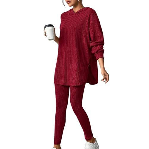 Women's Casual 2 Piece Outfits Ribbed Knit Set Oversized Lightweight Hoodies and Stretchy Leggings Pants Lounge Sets Wine Red