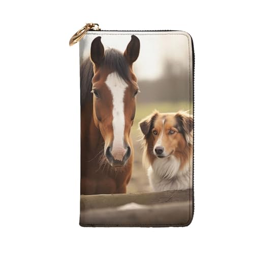 Womens Wallet Leather Slim Wallet Long Card Holder Case Zip Clutch Collie Dog and Horse Together Travel Purse3